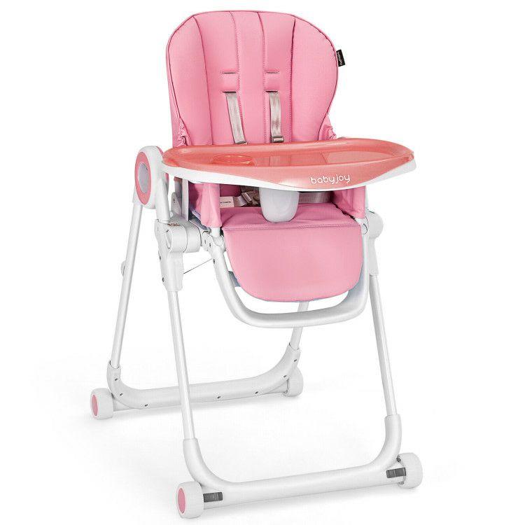 Baby High Chair Foldable Feeding Chair with 4 Lockable Wheels Pink |   High Chairs