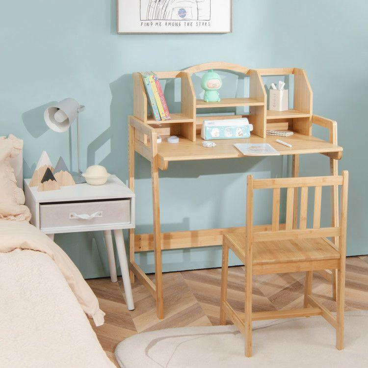 Bamboo Kids Study Desk and Chair Set with Bookshelf Natural |   Kids Table & Chair Sets