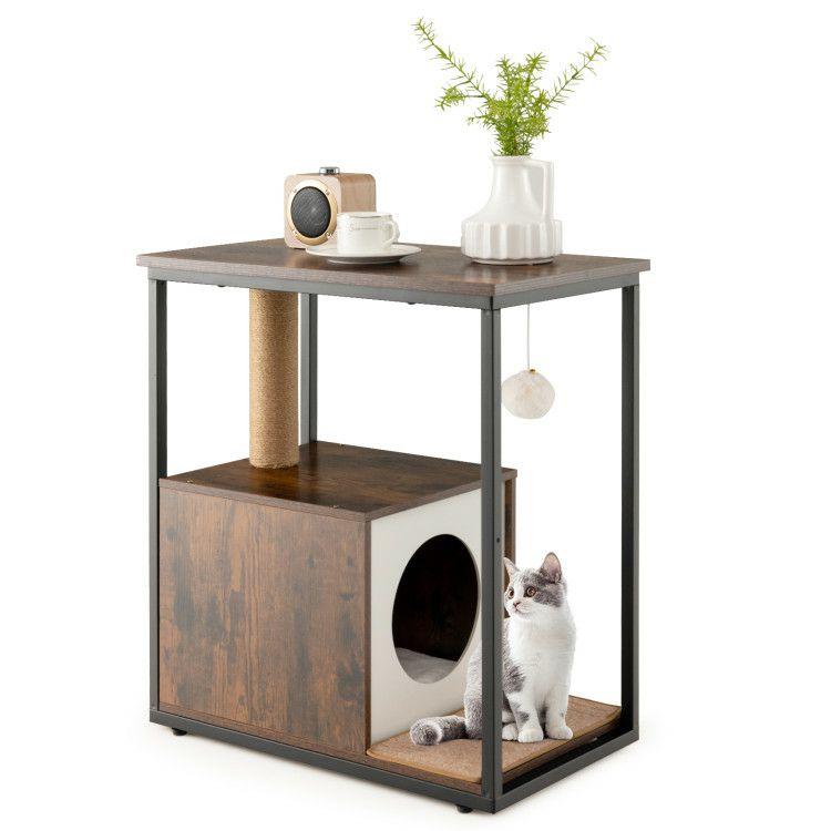 Cat Furniture End Table Cat House with Scratching Post Rustic Brown |   Cat Houses