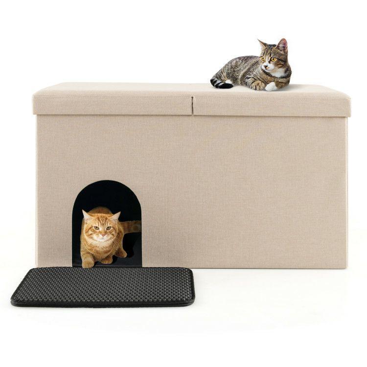 Cat Litter Box Enclosure Hidden Furniture with Urine Proof Litter Mat Beige |   Cat Houses