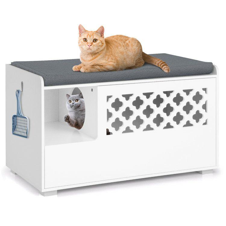 Cat Litter Box Enclosure with Removable Cushion and Front Open Door White |   Cat Houses