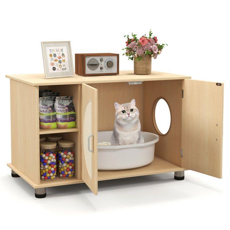 Cat Litter Box Enclosure with Sisal Scratching Doors and Adjustable Metal Feet Natural |   Cat Houses