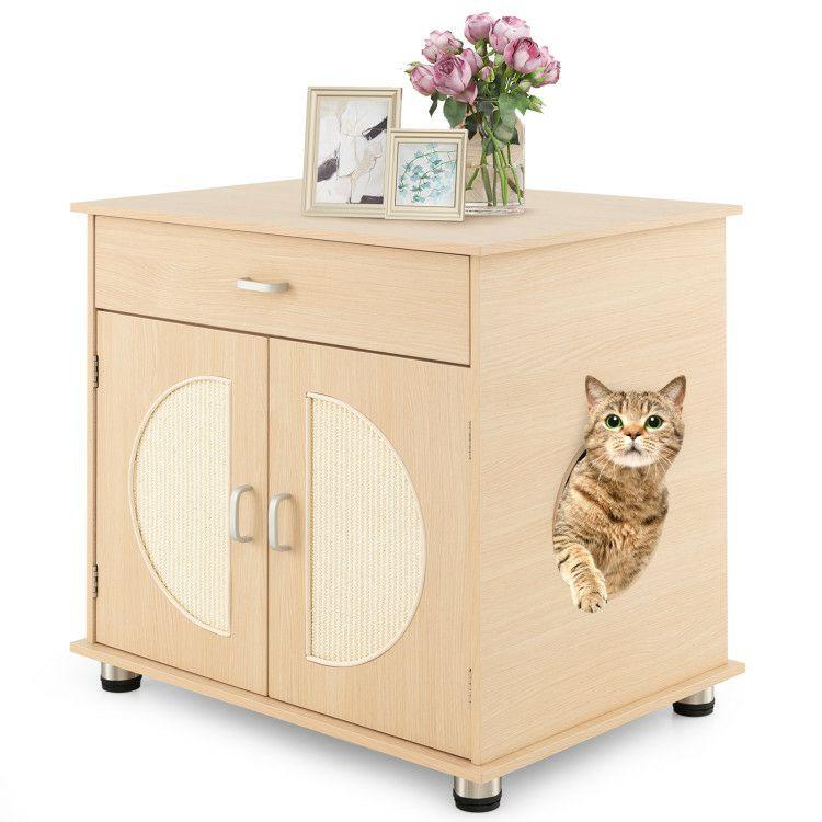 Cat Litter Box Enclosure with Sisal Scratching Doors and Storage Natural |   Cat Houses