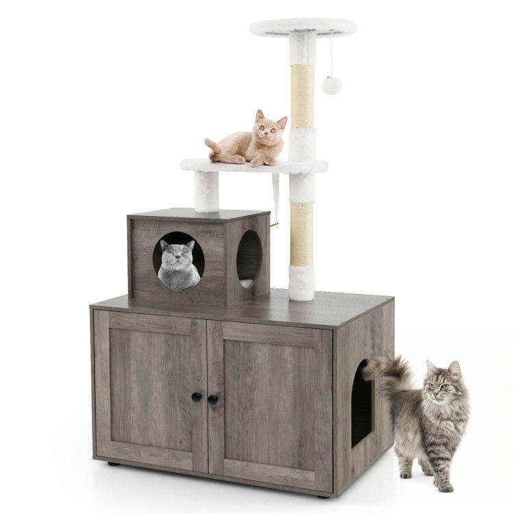 Cat Tree with Litter Box Enclosure with Cat Condo Gray |   Cat Trees, Condos & Scratchers