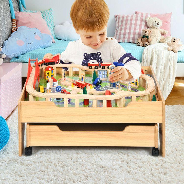 Children’s Wooden Railway Set Table with 100 Pieces Storage Drawers Natural |   Learning Toys