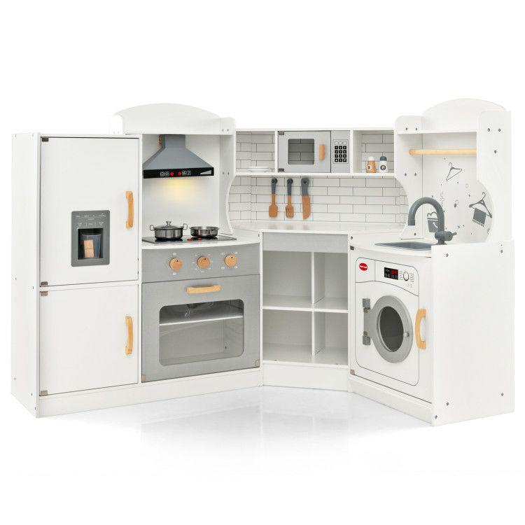 Corner Kids Play Kitchen with Washing Machine and Ice Maker Gift for Boys Girls White |   Play Kitchen Sets