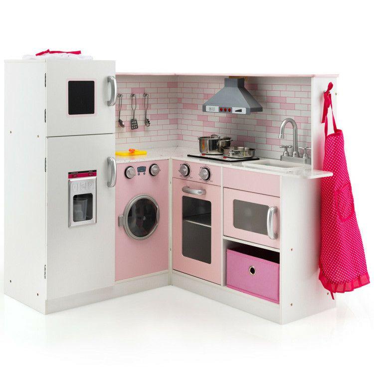 Corner Play Kitchen Wooden Toy Set with Sound and Light White, Pink |   Play Kitchen Sets