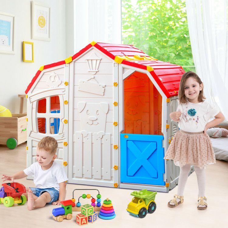 Cottage Kids Playhouse with Openable Windows and Working Door White + Red + Blue |   Play Tents & Playhouse