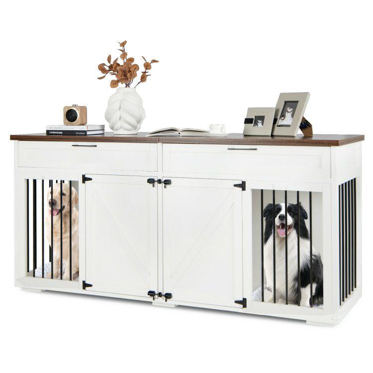 Double Dog Crate Furniture Large Breed Wood Dog Kennel with Room Divider White |   Dog Kennels