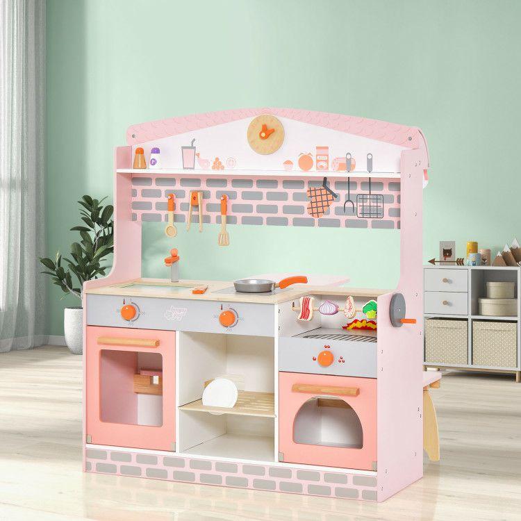 Double-Sided Kids Play Kitchen Set with Canopy and 2 Seats  |   Play Kitchen Sets