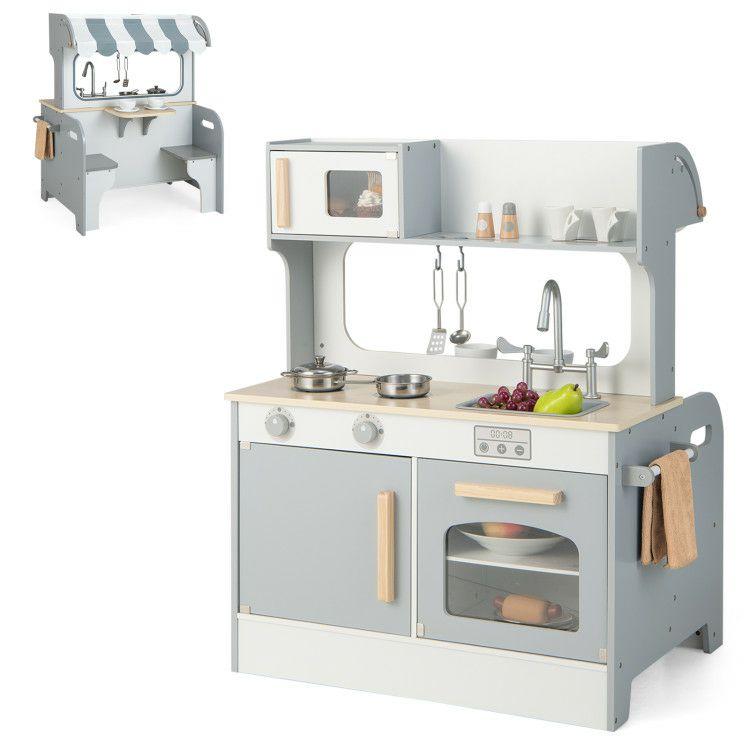 Double Sided Kids Pretend Kitchen Playset with 2-Seat Cafe Gray |   Play Kitchen Sets