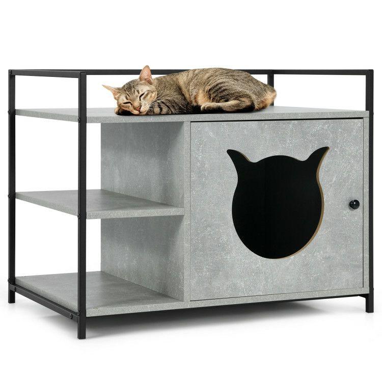 Enclosure Hidden Litter Furniture Cabinet with 2-Tier Storage Shelf Gray |   Cat Houses