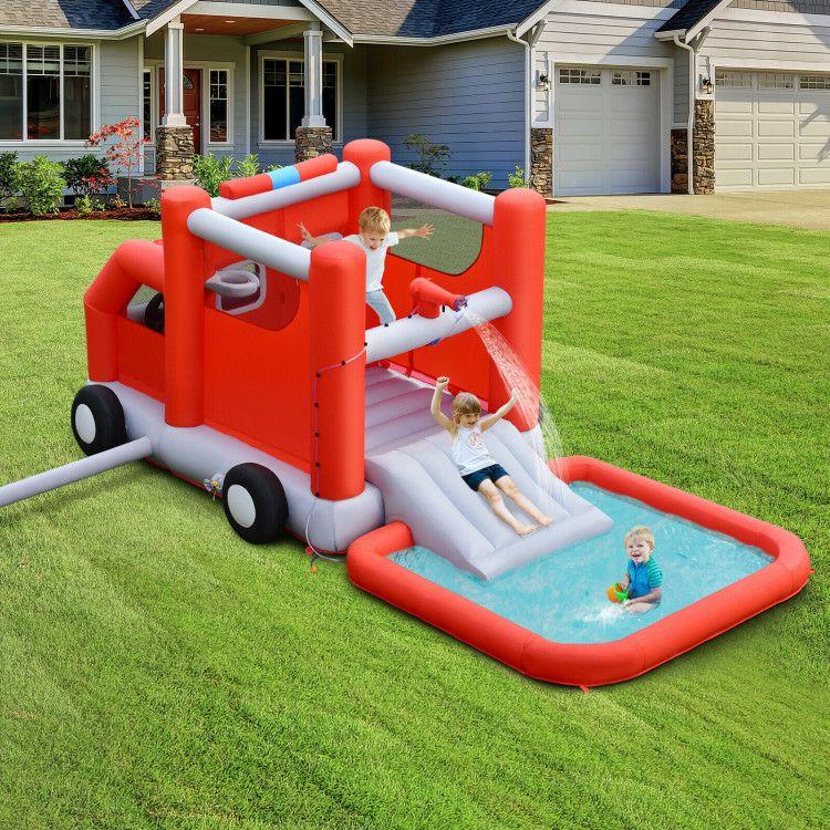 Fire Truck Themed Inflatable Castle Water Park Kids Bounce House with 480W Blower  |   Bounce House