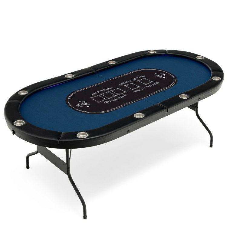 Foldable 10-Player Poker Table with LED Lights and USB Ports Ideal for Texas Casino Blue |   Game Room