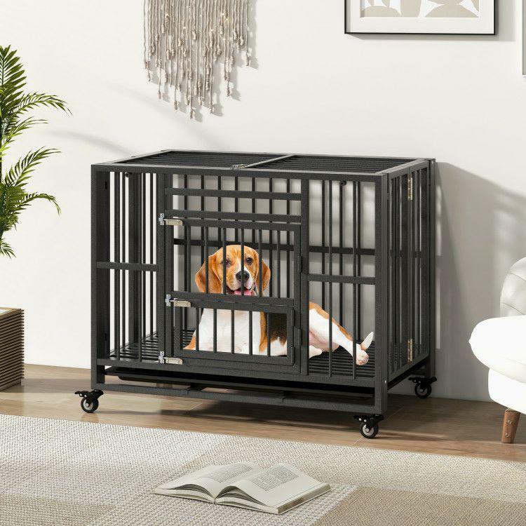 Foldable Heavy-Duty Metal Dog Cage Chew-proof Dog Crate with Lockable Universal Wheels  |   Dog Kennels