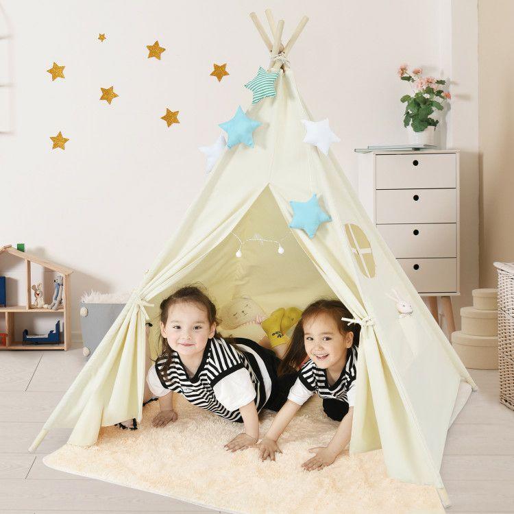 Foldable Kids Canvas Teepee Play Tent Beige |   Play Tents & Playhouse