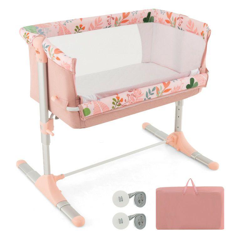 Folding Baby Bassinet Bedside Sleeper with 4 Adjustable Heights Pink |   Bassinets & Bedside Sleepers