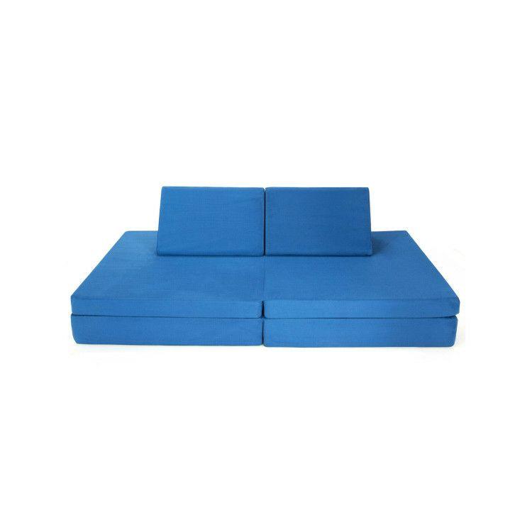 Girls Boys Modular Sofa and Play Couch Set with 2 Folding Mats and 2 Triangular Pillows Blue |   Kids Chairs & Seating