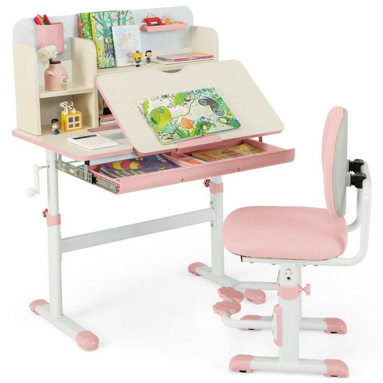 Height Adjustable Children School Home Study Table and Chair Set with Tilted Desktop for 3-12 Years Old Pink |   Kids Table & Chair Sets