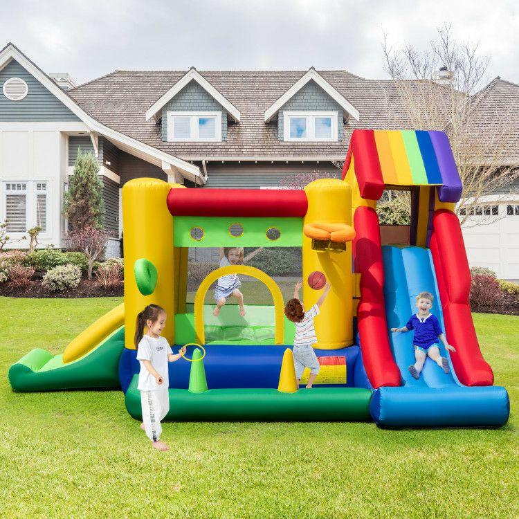 Inflatable Bounce Castle with Double Slides and 735W Blower Multicolor |   Outdoor Play