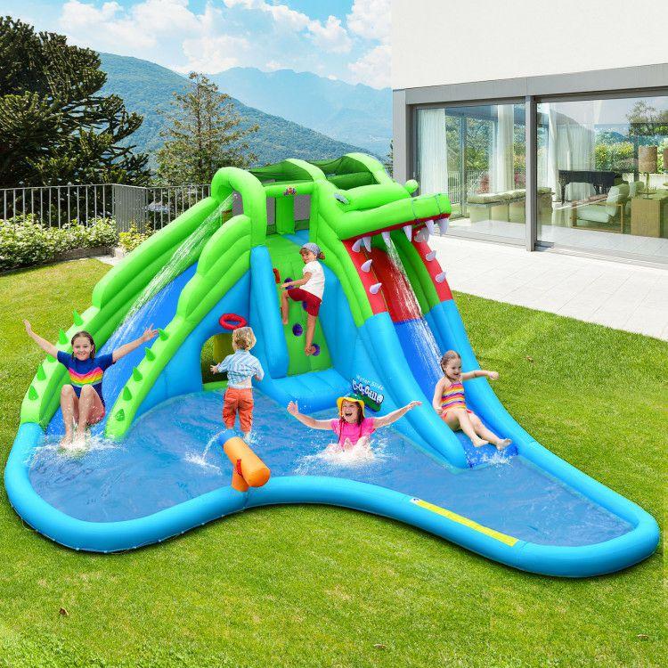 Inflatable Crocodile Style Water Slide Upgraded Kids Bounce Castle with 680W Blower Blue, Green |   Bounce House