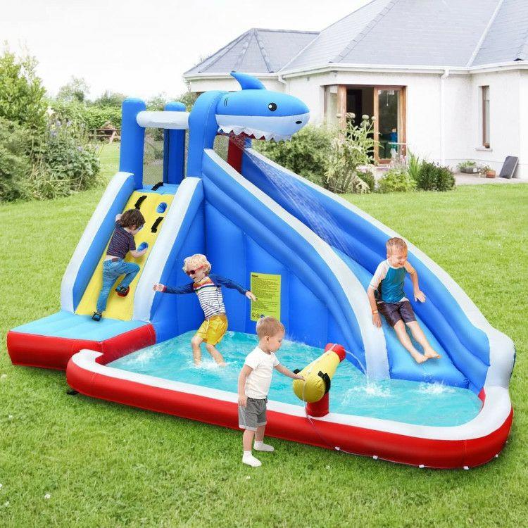 Inflatable Shark Bounce House with Water Slide and Climbing Wall without Blower Multicolor (As The Picture Shows) |   Outdoor Play