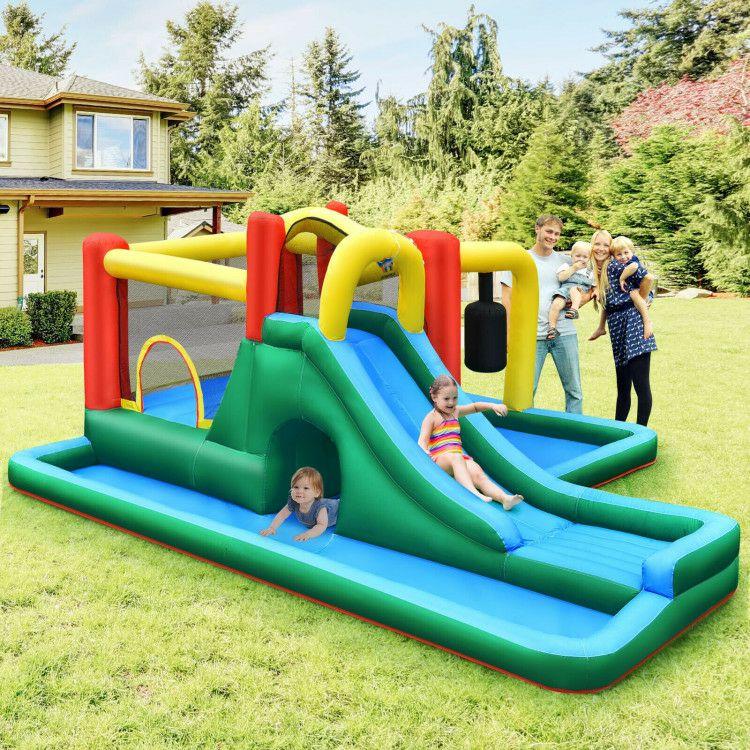 Inflatable Water Slide Climbing Bounce House with Tunnel and 735W Blower Blue, Yellow, Red |   Bounce House