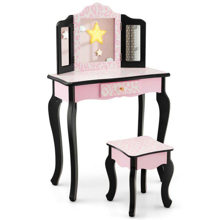 Kid Vanity Set with Tri-Folding Mirror and Leopard Print Pink |   Kids Vanities