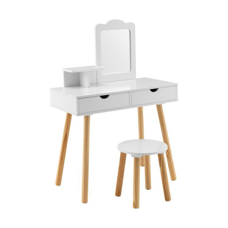 Kid Vanity Table Chair Set with Mirror and 2 Large Storage Drawers White |   Kids Vanities