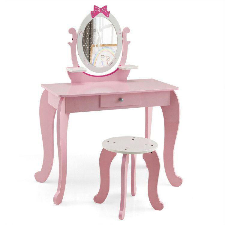 Kid Vanity Table Stool Set with Oval Rotatable Mirror Pink |   Kids Vanities