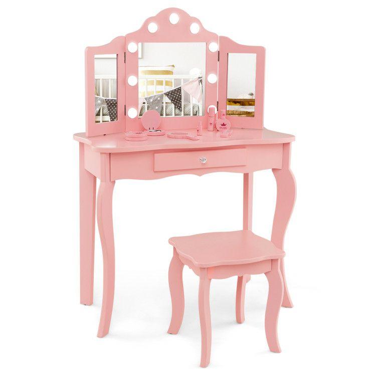 Kid Vanity Table Stool Set with Tri-Folding Mirror and 3-Color LED Lights Pink |   Kids Vanities