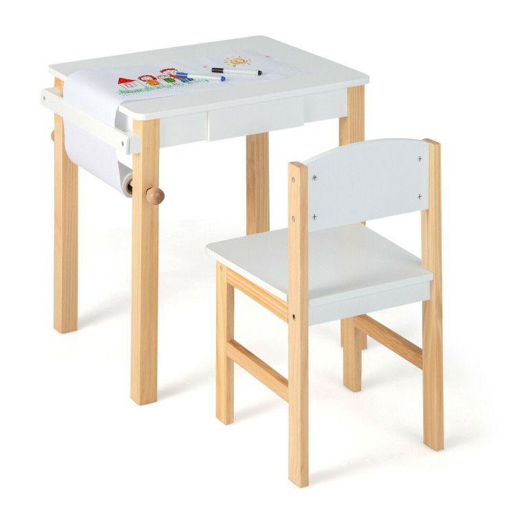 Kids Art Table and Chair Set with Drawer Paper Roll and 2 Markers and Drawer White |   Kids Table & Chair Sets