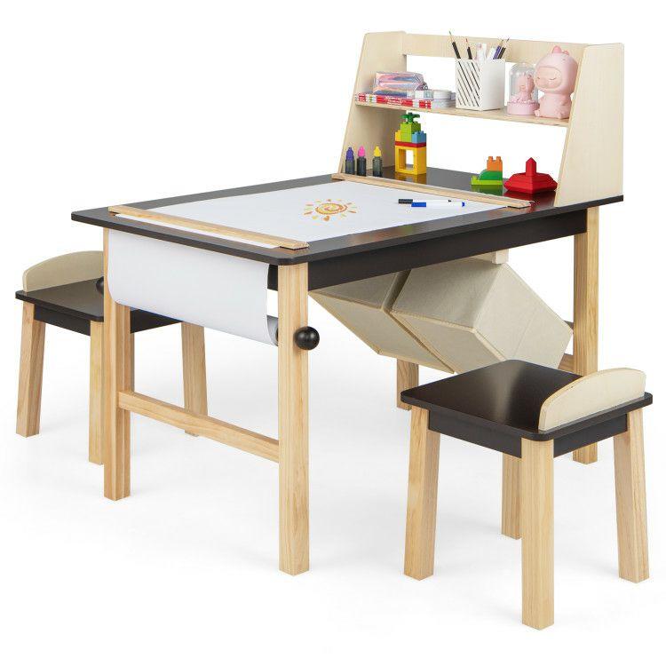 Kids Art Table and Chairs Set with Paper Roll and Storage Bins Coffee |   Kids Table & Chair Sets