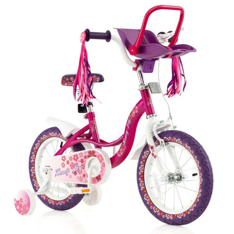 Kids Bike with Doll Seat and Removable Training Wheels for 3-7 Years Old Pink And Purple |   Kids Bike