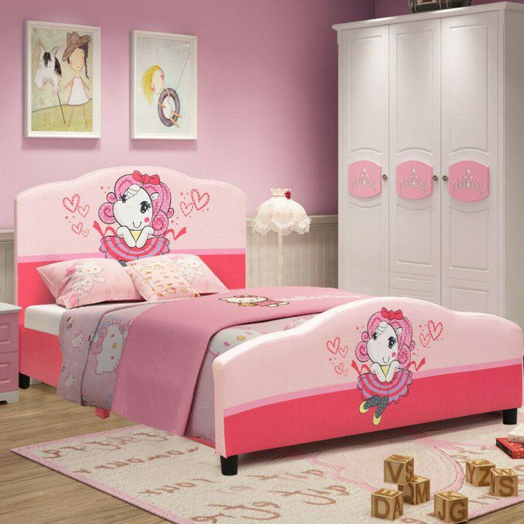 Kids Children Upholstered Platform Toddler Girl Pattern Bed Pink |   Toddler Beds