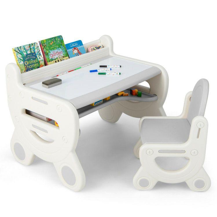 Kids Drawing Table and Chair Set with Watercolor Pens and Blackboard Eraser Gray |   Kids Table & Chair Sets