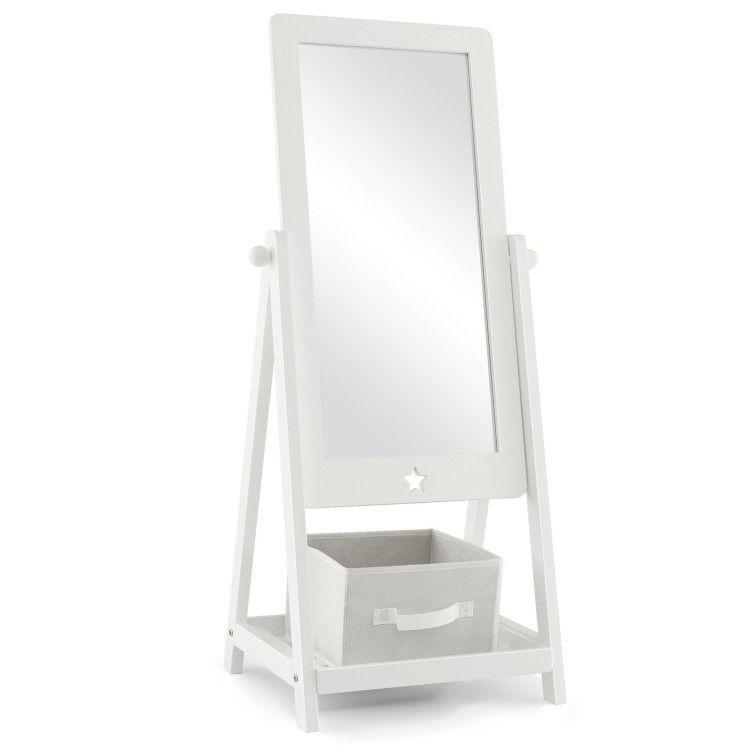 Kids Full Length Wooden Standing Mirror with Bottom Shelf and Foldable Storage Bin White |   Kids Vanities