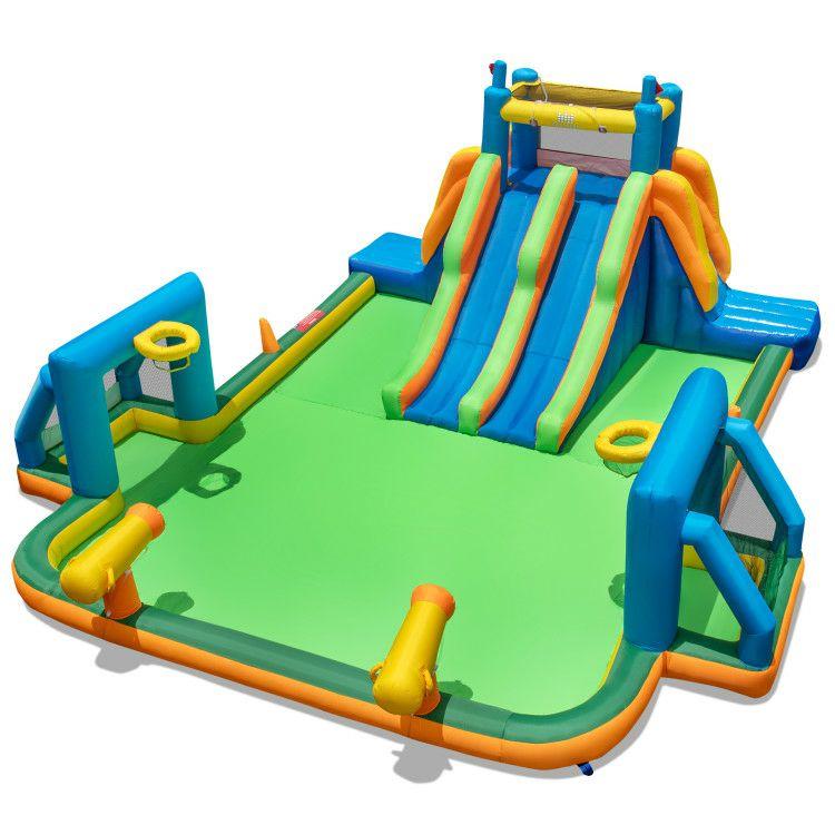 Kids Inflatable Water Slide with 2 Long Slides and 2 Soccer Gates Without Blower  |   Outdoor Play