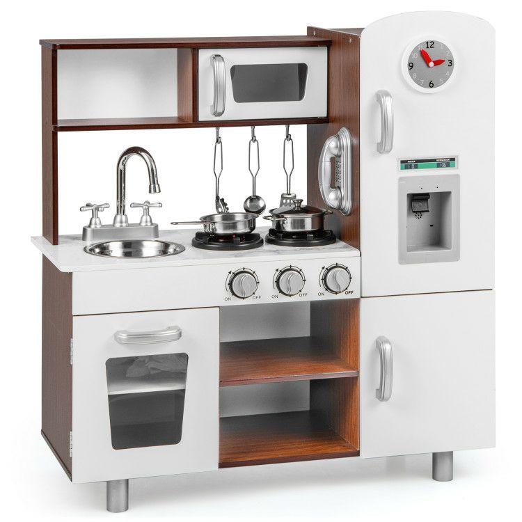 Kids Kitchen Playset with Realistic Sounds and Lights Brown & White |   Play Kitchen Sets