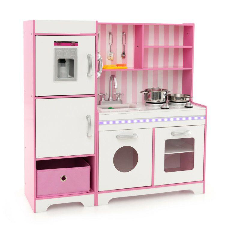 Kids Kitchen Playset Wooden Toy with Adjustable LED Lights and Washing Machine Pink |   Play Kitchen Sets