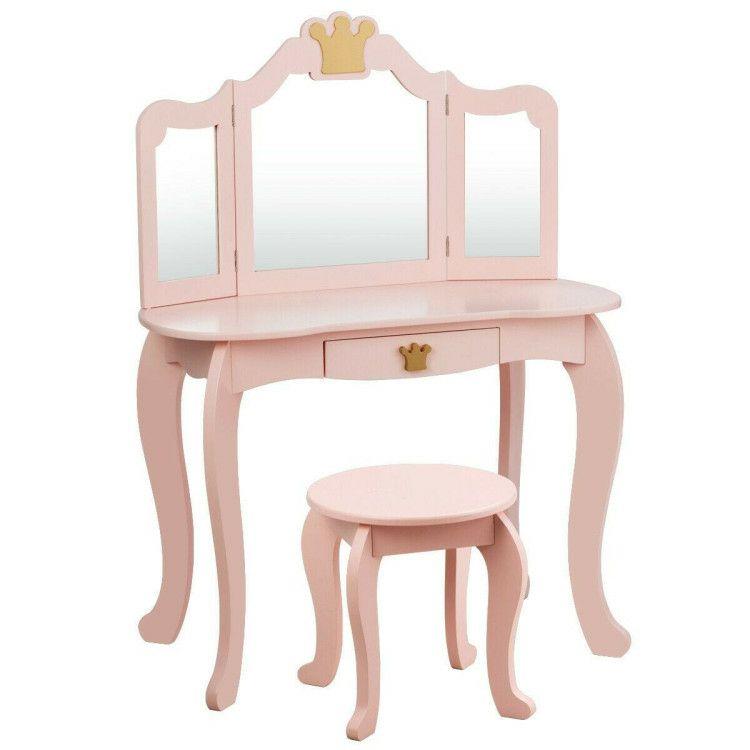 Kids Makeup Dressing Table with Tri-folding Mirror and Stool Pink |   Kids Vanities