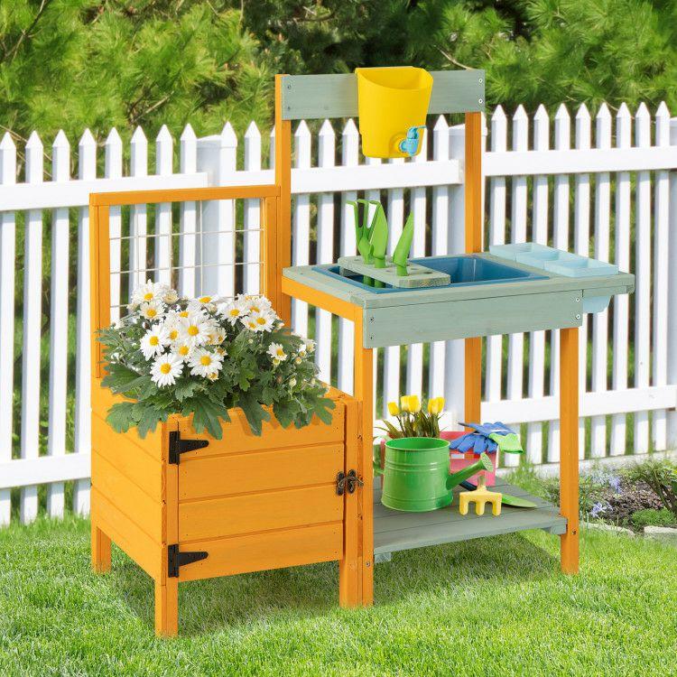 Kids Outdoor Potting Bench with See-Through Window Yellow And Blue |   Play Kitchen Sets