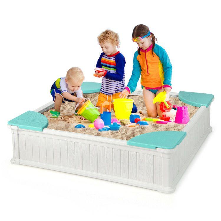 Kids Outdoor Sandbox with Oxford Cover and 4 Corner Seats White |   Outdoor Play