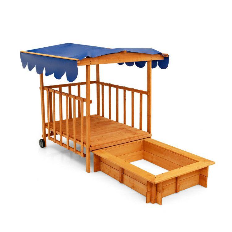 Kids Outdoor Wooden Retractable Sandbox with Cover and Built-in Wheels Natural |   Sandboxes