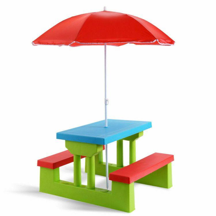 Kids Picnic Folding Table and Bench Set with Umbrella Green |   Kids Table & Chair Sets