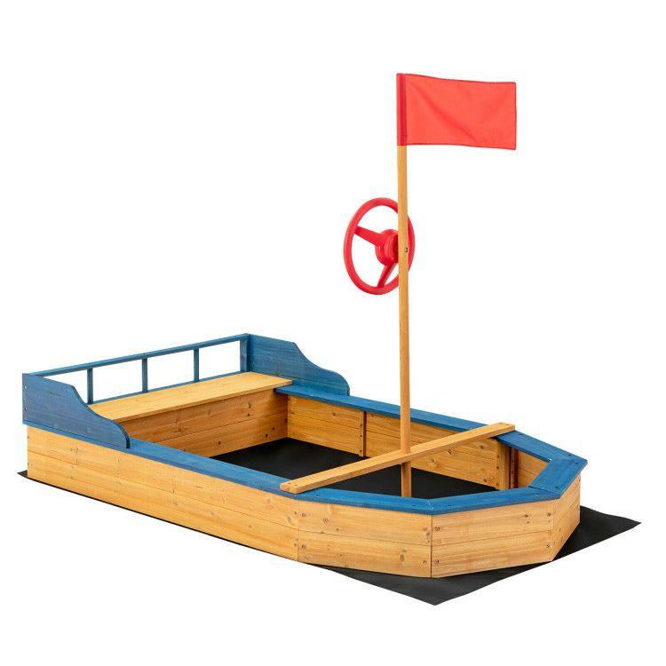 Kids’ Pirate Boat Sandbox with Flag and Rudder Natural |   Sandboxes