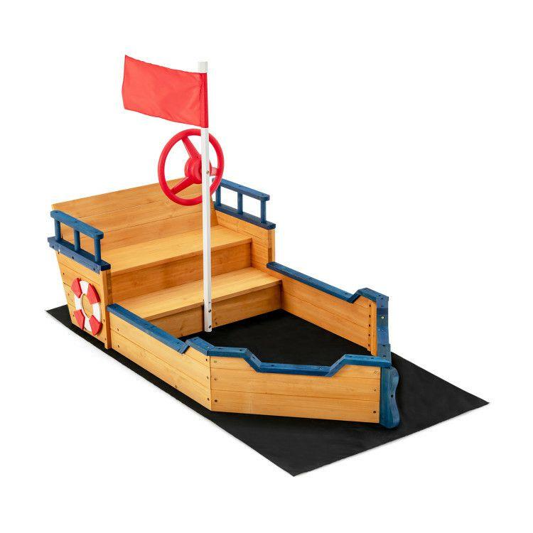 Kids Pirate Boat Wooden Sandbox Children Outdoor Playset Natural |   Sandboxes