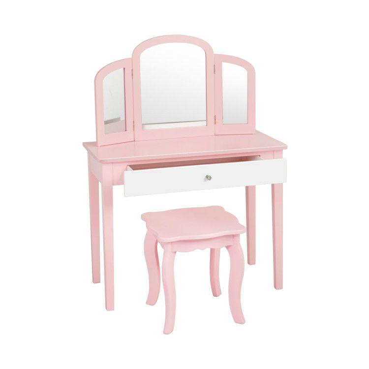 Kids Princess Make-Up Dressing Table with Tri-folding Mirror and Chair Pink |   Kids Vanities