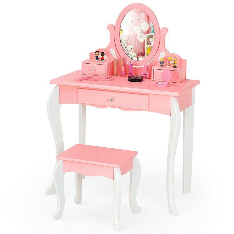 Kids Princess Makeup Dressing Vanity Set with Mirror and Drawer Pink |   Kids Vanities