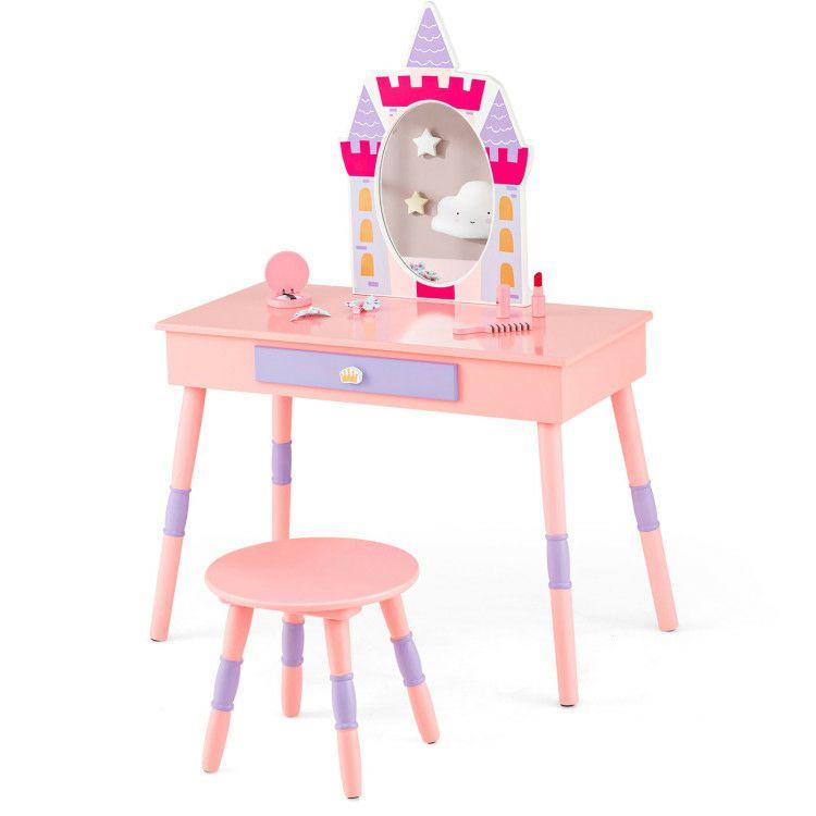 Kids Princess Vanity Table and Stool Set with Drawer and Mirror Pink |   Kids Vanities